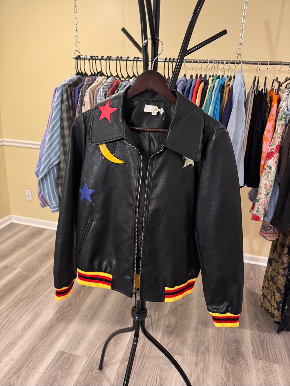 Black Leather Varsity Jacket with Colorful Star & Moon Appliqués